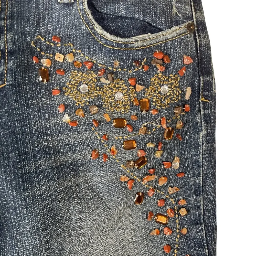 Mixit Women's Flare Jeans Blue Floral Embellished Stretch Mid Rise Size 8